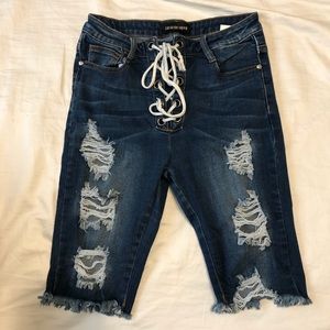 Lace up denim Bermuda shorts